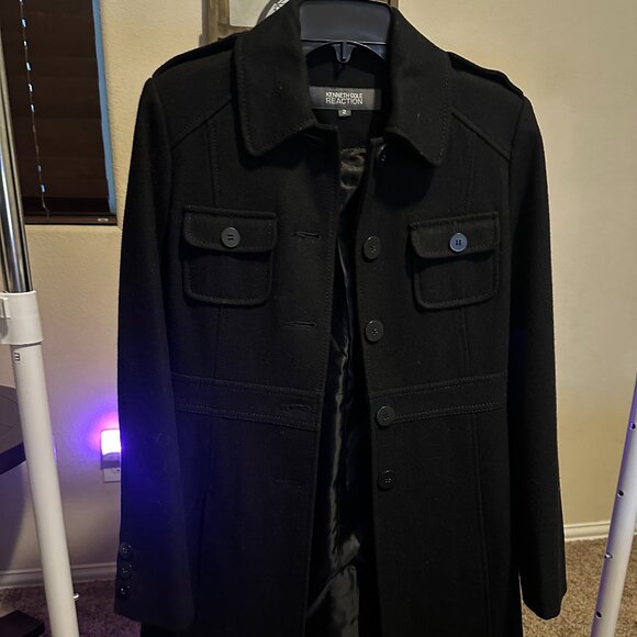 Kenneth Cole Reaction Long Black Wool Coat | Size 2 | Classic Military Style - Picture 1 of 11